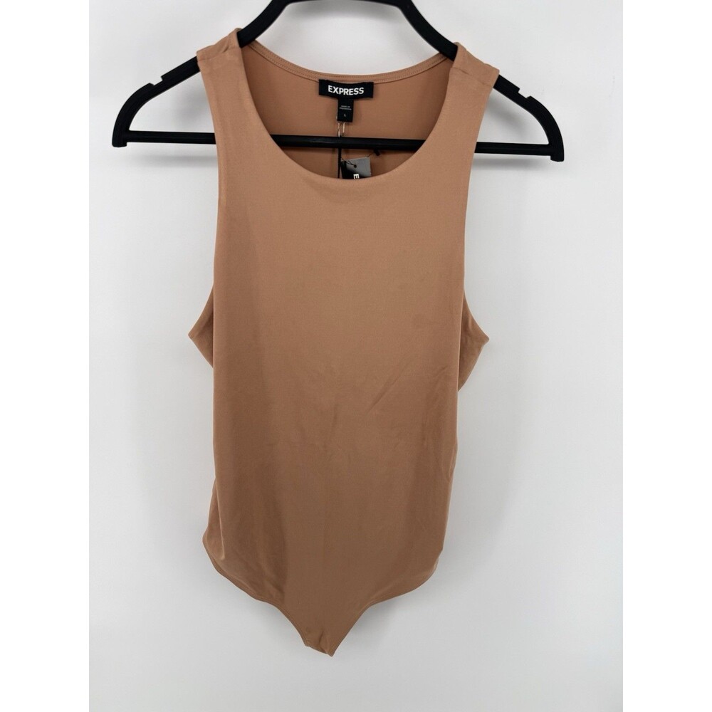 Express Body Contour Bodysuit Women’s L Sleeveless Tank Thong Snap Beige Stretch